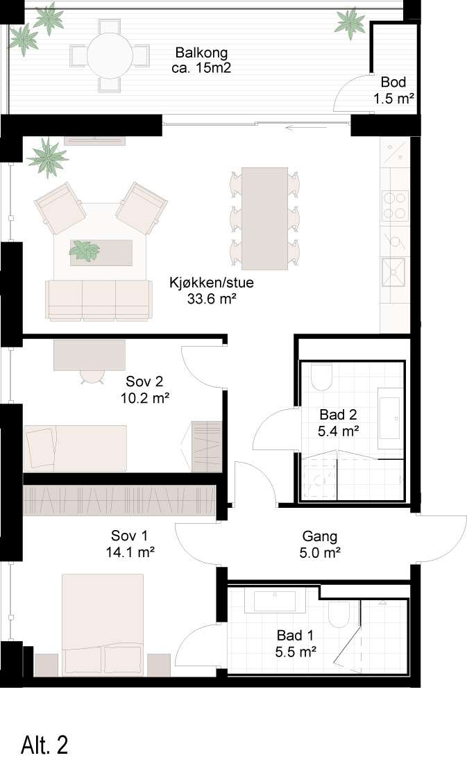 Planløsning 3-roms leilighet